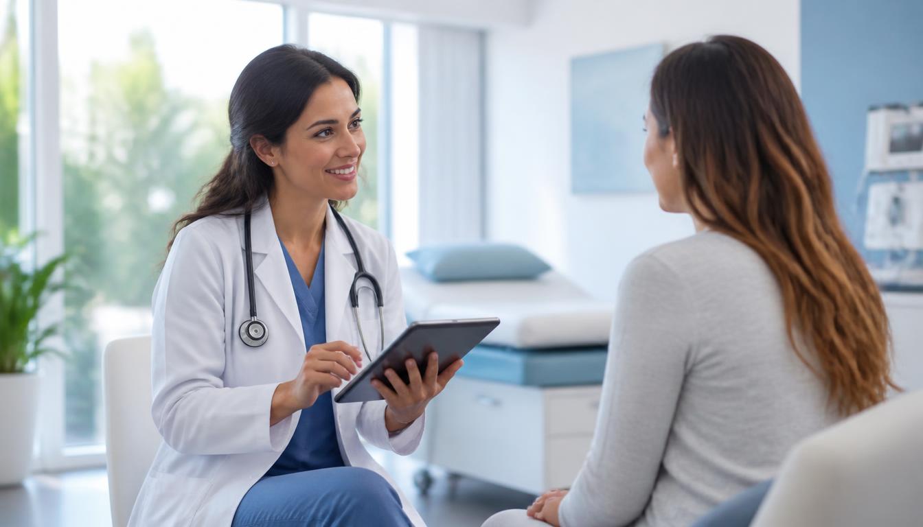 Profesional de salud explicando información a una paciente usando una tablet
